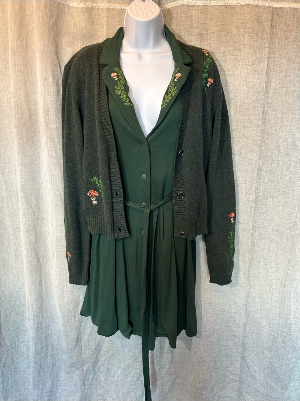 Disturbia Fable SET Dark Green Embroidered Collar Mini Shirt Dress & Sweater!